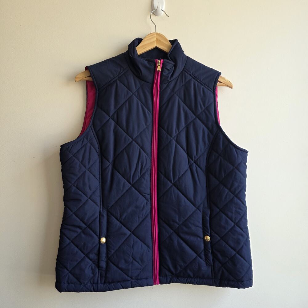 Ralph‎ Lauren Women’s Quilted Puffer Vest Size Large Blue Hot Pink Preppy Zip
